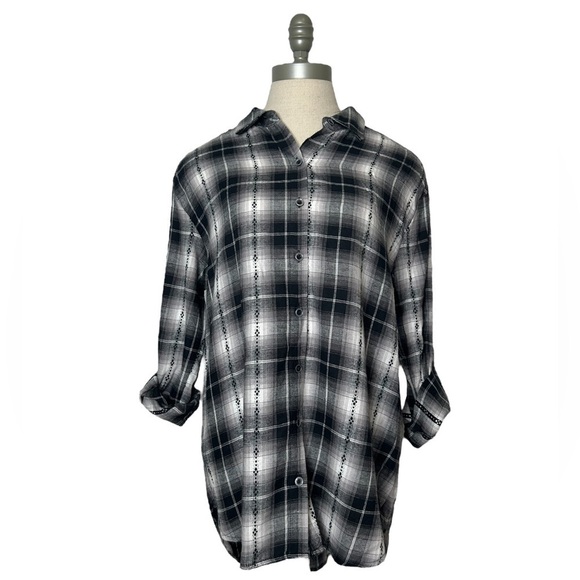 Jane and Delancey Black Stitch Button Down Collared Boyfriend Plaid Top Small - Picture 2 of 13